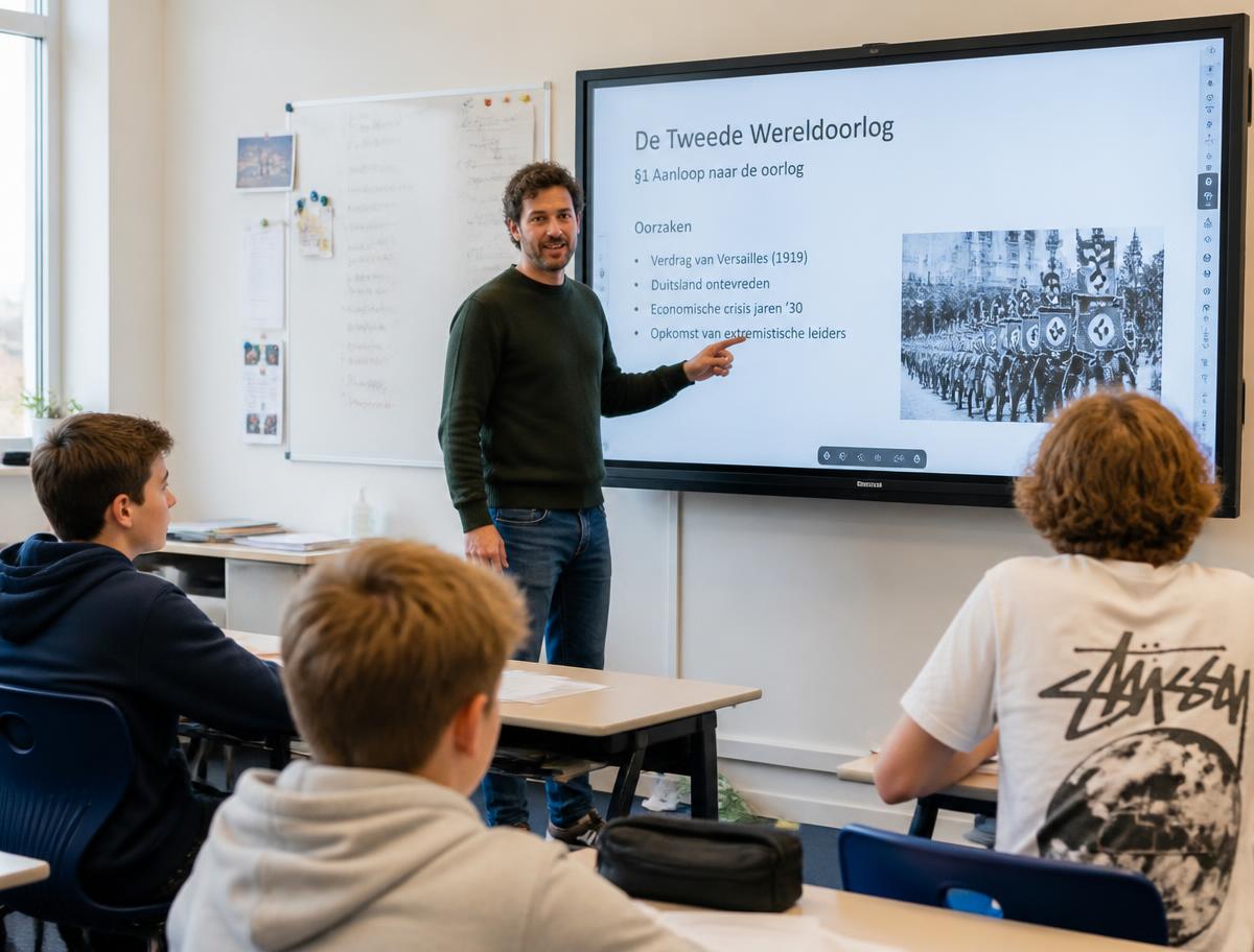 Docent legt iets uit bij het digibord terwijl leerlingen meekijken